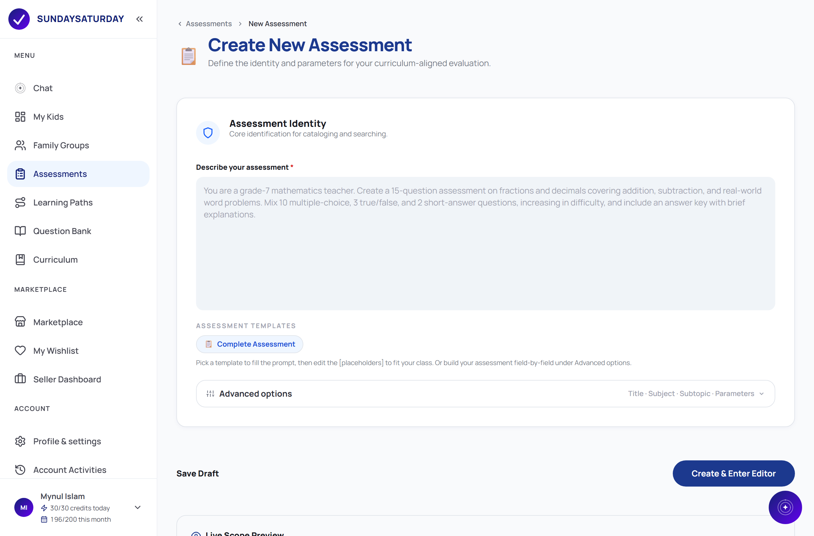 The Create New Assessment screen, with a one-line description box and assessment templates.