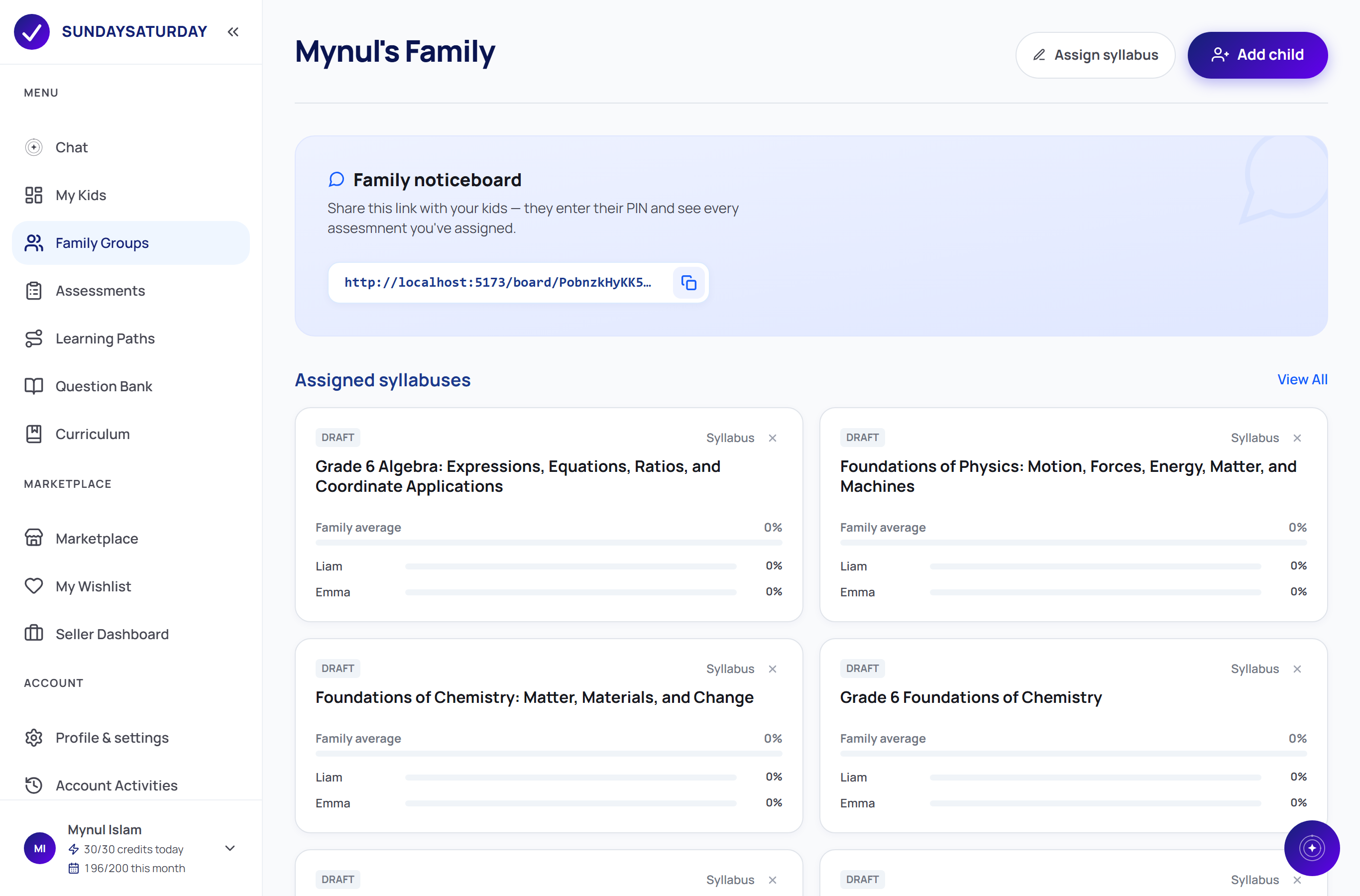 The Family Groups page for 'Mynul's Family' with a shared noticeboard link, assigned syllabuses, and a table of children with their PINs.